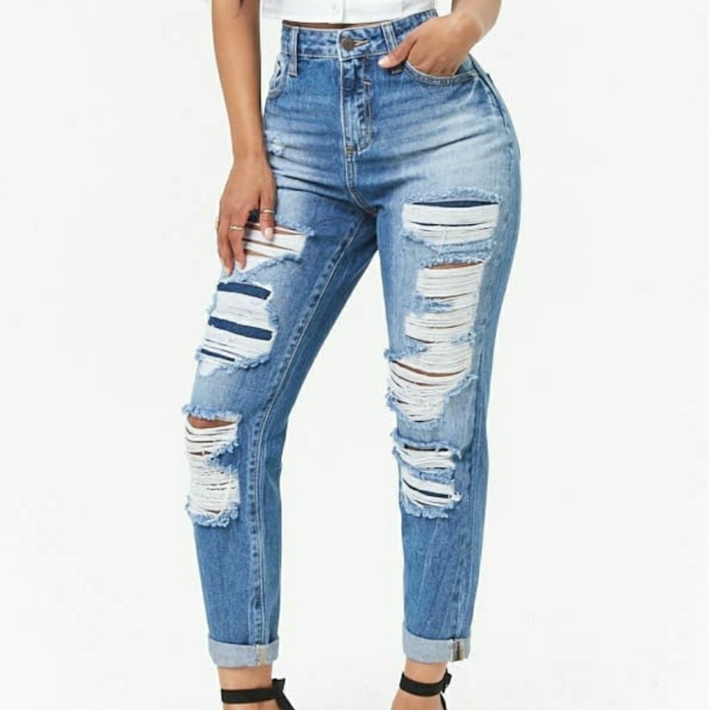 Distrssed Crop High Waist Girlfriend Jeans